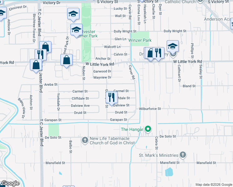 map of restaurants, bars, coffee shops, grocery stores, and more near 2445 Cliffdale Street in Houston