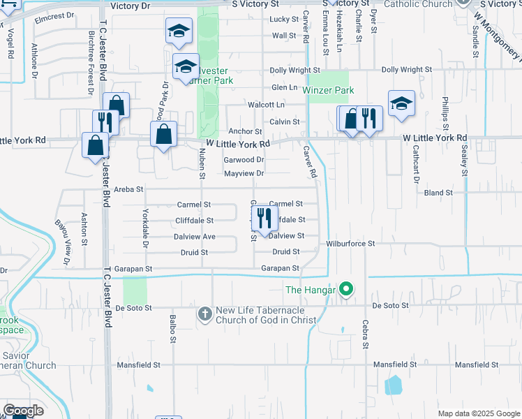 map of restaurants, bars, coffee shops, grocery stores, and more near 6601 Goldspier Street in Houston