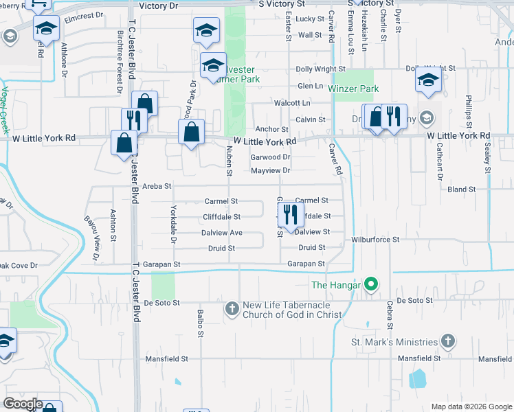map of restaurants, bars, coffee shops, grocery stores, and more near 2635 Cliffdale Street in Houston