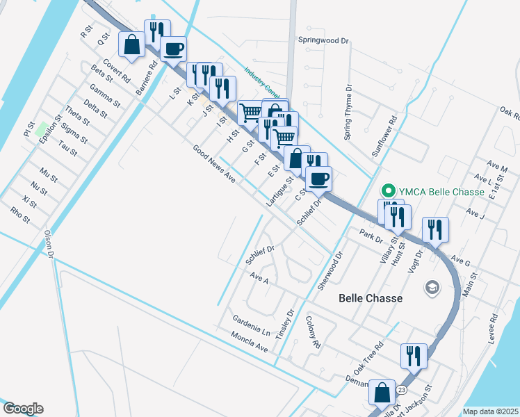 map of restaurants, bars, coffee shops, grocery stores, and more near 106 Gravolet Street in Belle Chasse