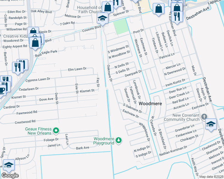 map of restaurants, bars, coffee shops, grocery stores, and more near 2444 Oakmere Drive in Harvey