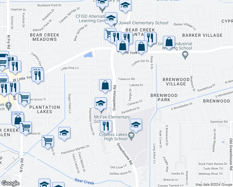 map of restaurants, bars, coffee shops, grocery stores, and more near 6023 Brenwood Trails Lane in Katy
