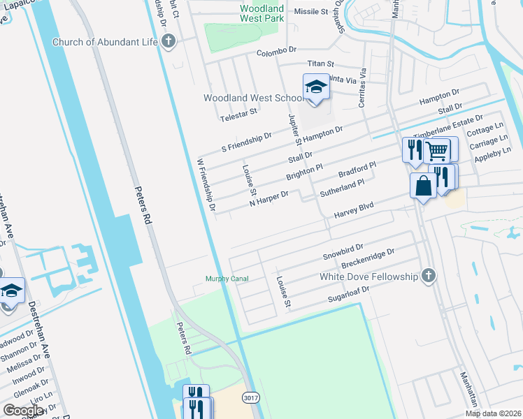 map of restaurants, bars, coffee shops, grocery stores, and more near 2311 North Harper Drive in Harvey