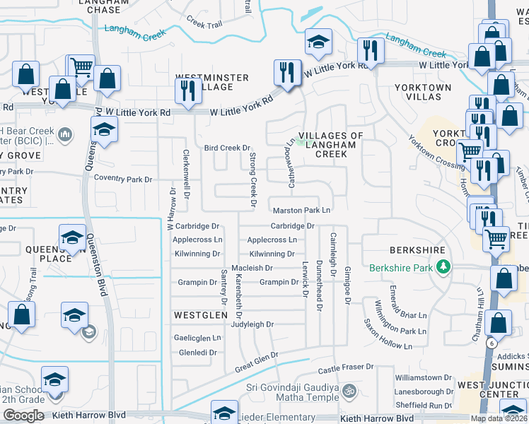 map of restaurants, bars, coffee shops, grocery stores, and more near 5722 Strong Creek Drive in Houston
