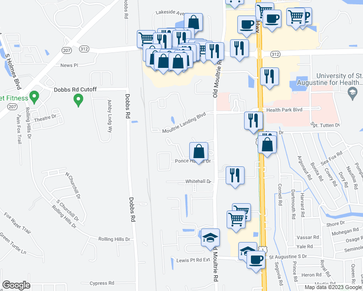 map of restaurants, bars, coffee shops, grocery stores, and more near 425 South Villa San Marco Drive in St. Augustine