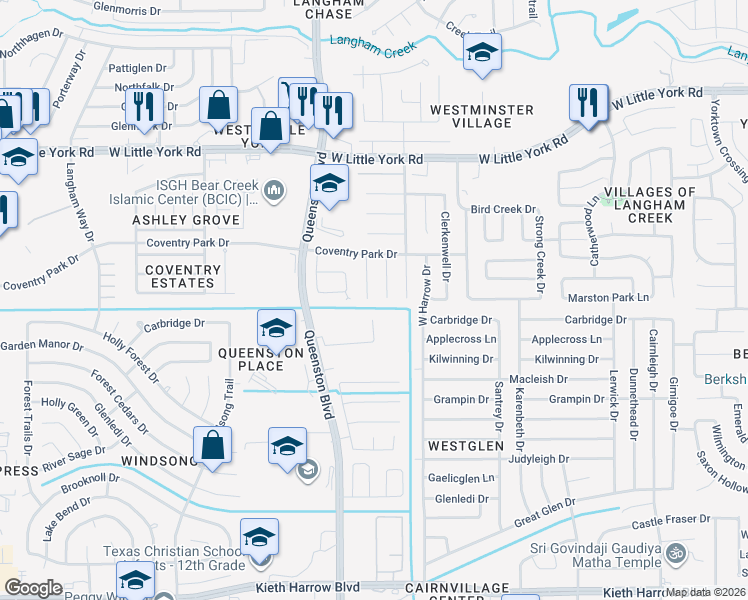 map of restaurants, bars, coffee shops, grocery stores, and more near 5726 Roehampton Court in Houston