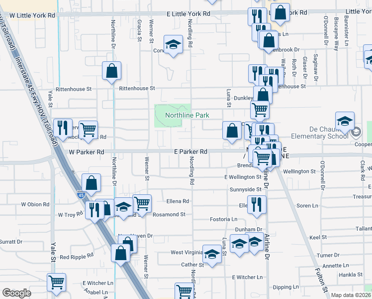map of restaurants, bars, coffee shops, grocery stores, and more near 6778 Nordling Road in Houston
