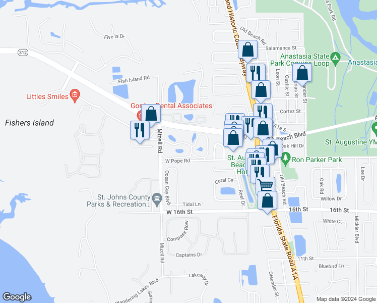 map of restaurants, bars, coffee shops, grocery stores, and more near 700 West Pope Road in Saint Augustine