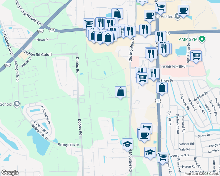 map of restaurants, bars, coffee shops, grocery stores, and more near 425 South Villa San Marco Drive in St. Augustine