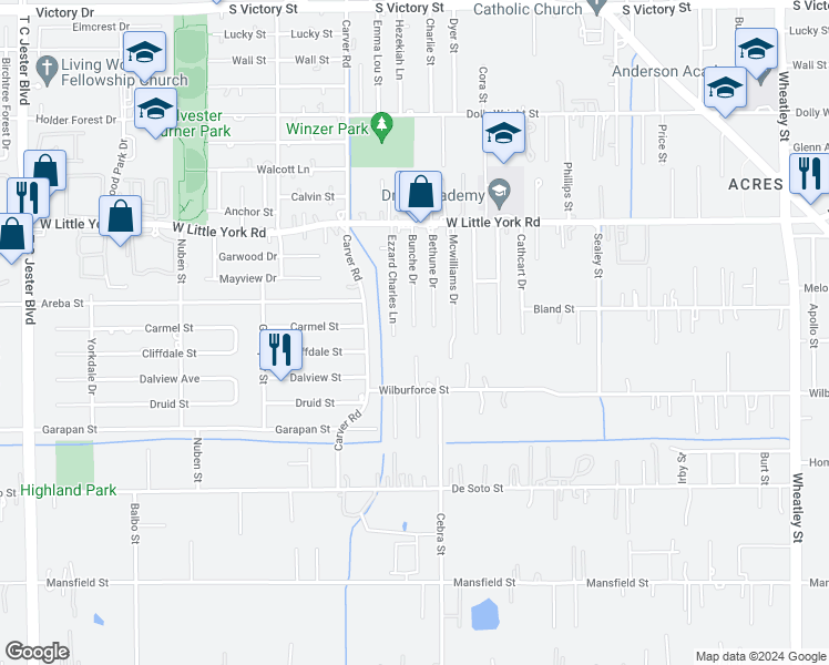 map of restaurants, bars, coffee shops, grocery stores, and more near 6626 Bunche Drive in Houston
