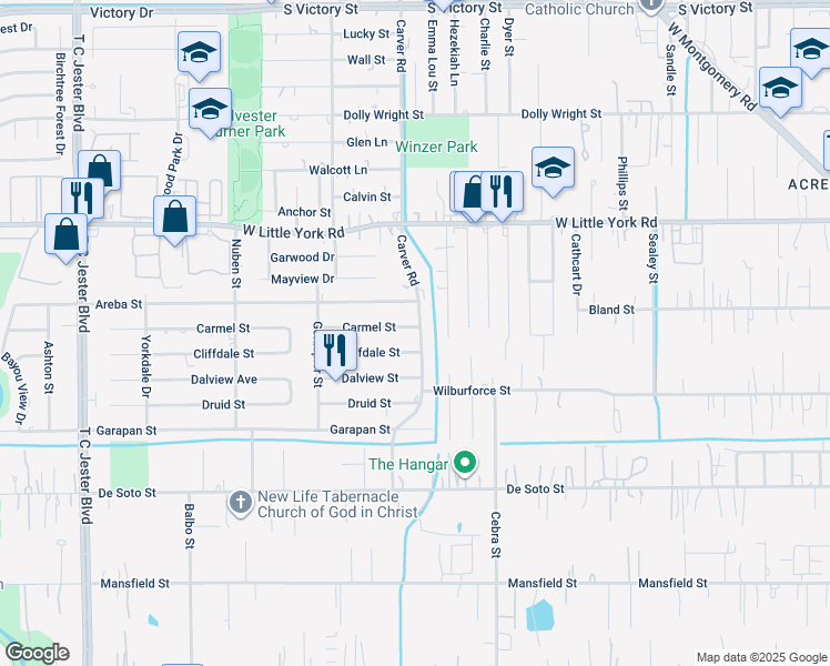 map of restaurants, bars, coffee shops, grocery stores, and more near 2417 Areba Street in Houston