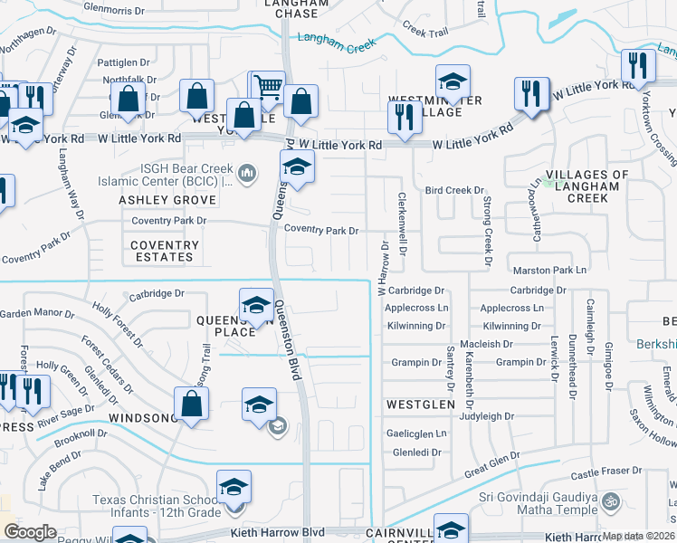 map of restaurants, bars, coffee shops, grocery stores, and more near 5726 Roehampton Court in Houston