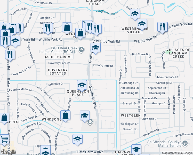 map of restaurants, bars, coffee shops, grocery stores, and more near 17215 Hollow Sands Court in Houston