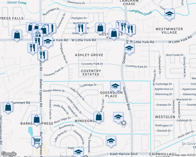 map of restaurants, bars, coffee shops, grocery stores, and more near 17507 Coventry Squire Drive in Houston