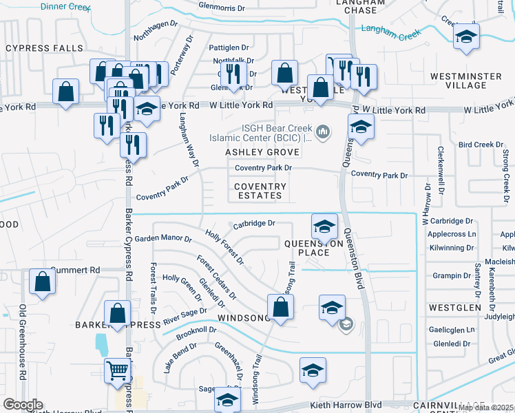 map of restaurants, bars, coffee shops, grocery stores, and more near 17507 Coventry Squire Drive in Houston