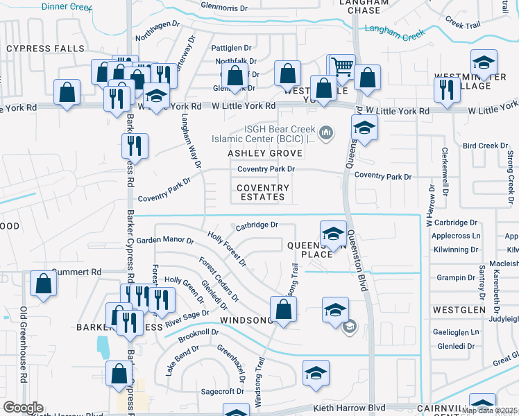 map of restaurants, bars, coffee shops, grocery stores, and more near 17507 Coventry Squire Drive in Houston