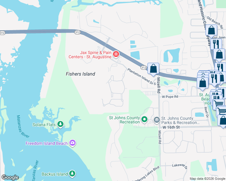 map of restaurants, bars, coffee shops, grocery stores, and more near 19201 Harbour Vista Circle in St. Augustine