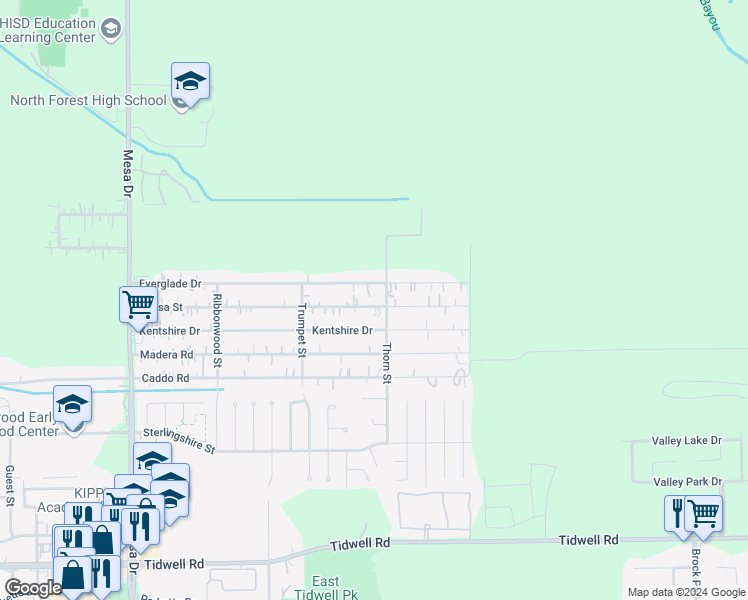 map of restaurants, bars, coffee shops, grocery stores, and more near 9337 Everglade Drive in Houston