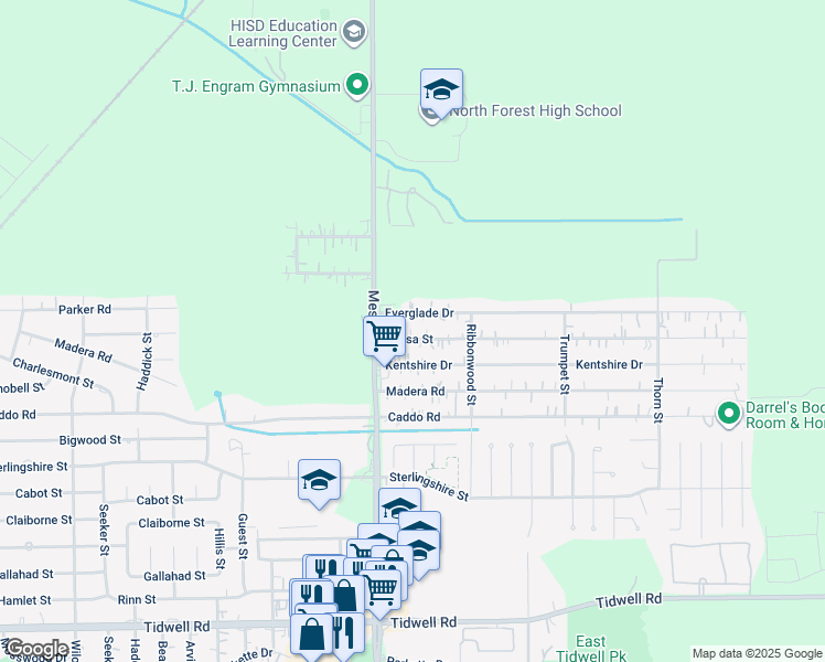 map of restaurants, bars, coffee shops, grocery stores, and more near 8837 Everglade Drive in Houston