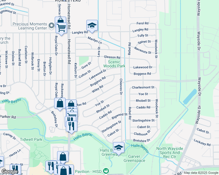 map of restaurants, bars, coffee shops, grocery stores, and more near 7325 Wiley Road in Houston