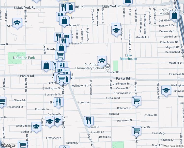 map of restaurants, bars, coffee shops, grocery stores, and more near 103 Cooper Road in Houston