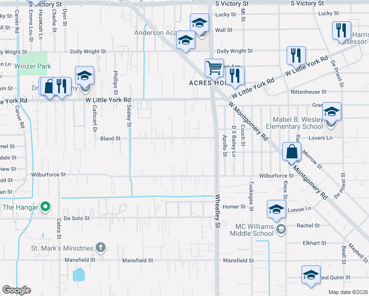 map of restaurants, bars, coffee shops, grocery stores, and more near 1208 Bland Street in Houston