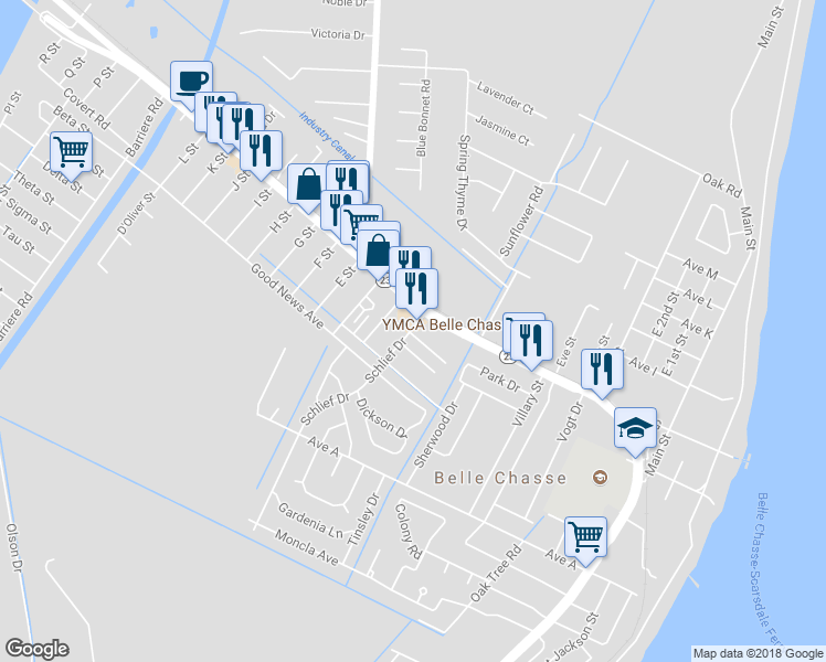 map of restaurants, bars, coffee shops, grocery stores, and more near 105 Schlief Drive in Belle Chasse