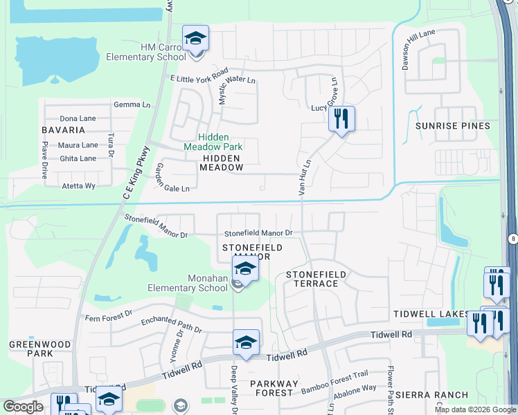 map of restaurants, bars, coffee shops, grocery stores, and more near 12831 Northchase Ridge Lane in Houston