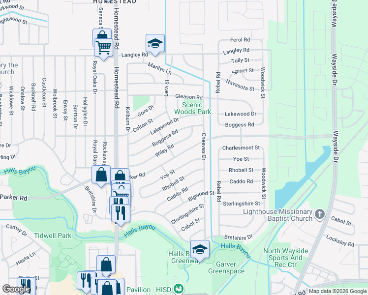 map of restaurants, bars, coffee shops, grocery stores, and more near 7325 Wiley Road in Houston