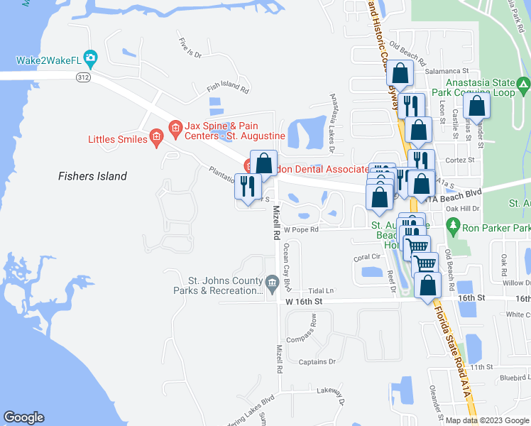 map of restaurants, bars, coffee shops, grocery stores, and more near 88 Hannah Cole Drive in St. Augustine
