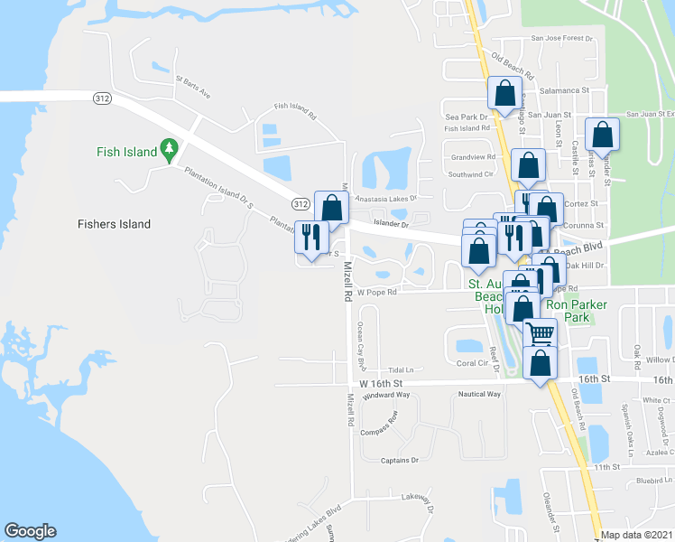 map of restaurants, bars, coffee shops, grocery stores, and more near 92 Hannah Cole Drive in St. Augustine