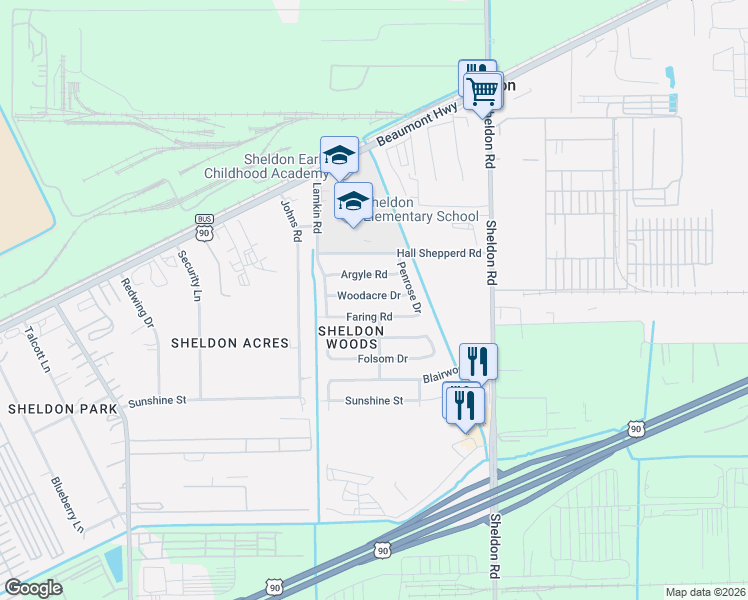 map of restaurants, bars, coffee shops, grocery stores, and more near 17023 Woodacre Drive in Houston