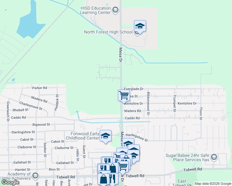map of restaurants, bars, coffee shops, grocery stores, and more near 10201 Mesa Drive in Houston
