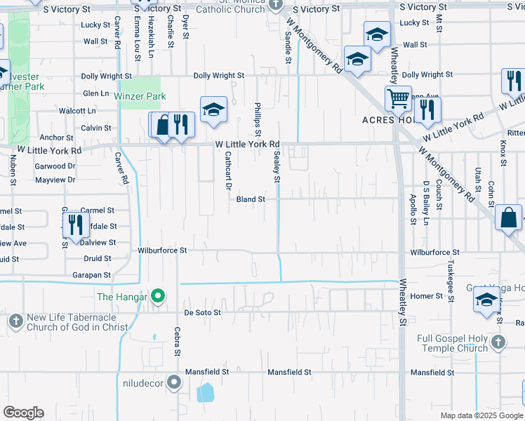 map of restaurants, bars, coffee shops, grocery stores, and more near 1609 Bland Street in Houston