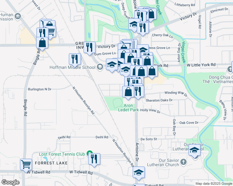 map of restaurants, bars, coffee shops, grocery stores, and more near 6407 Antoine Drive in Houston