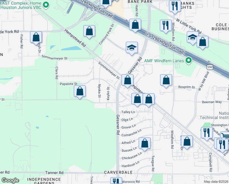 map of restaurants, bars, coffee shops, grocery stores, and more near in Houston