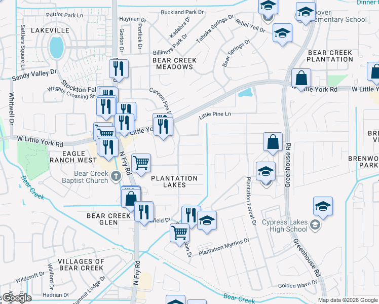 map of restaurants, bars, coffee shops, grocery stores, and more near 19614 Green Oasis Court in Katy