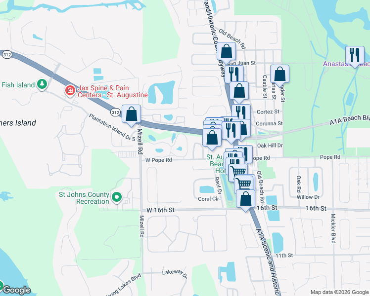 map of restaurants, bars, coffee shops, grocery stores, and more near 650 West Pope Road in St. Augustine