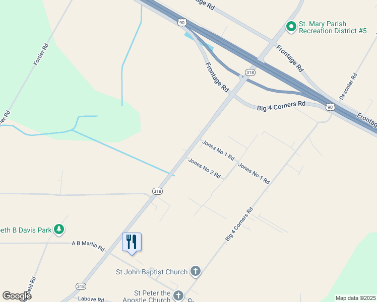 map of restaurants, bars, coffee shops, grocery stores, and more near 1045 Louisiana 318 in Jeanerette