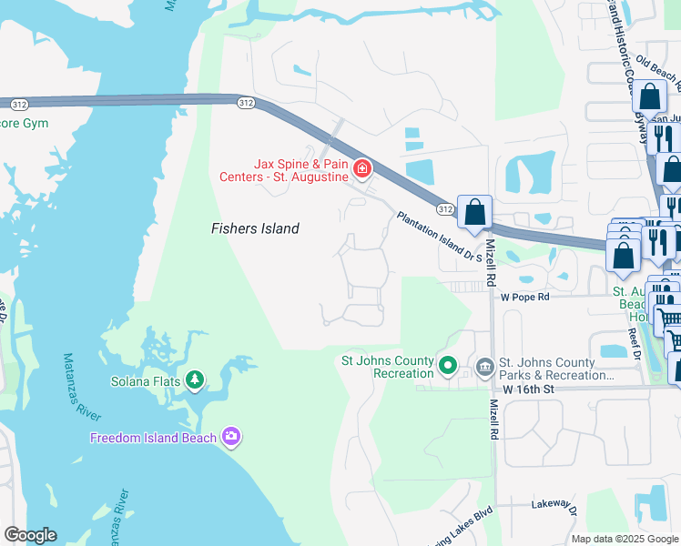 map of restaurants, bars, coffee shops, grocery stores, and more near 19201 Harbour Vista Circle in St. Augustine