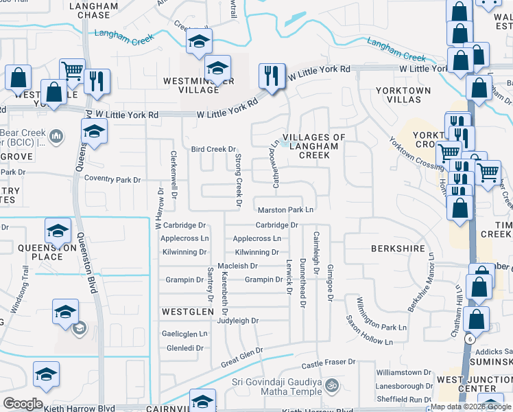 map of restaurants, bars, coffee shops, grocery stores, and more near 16815 Bethan Glen Lane in Houston