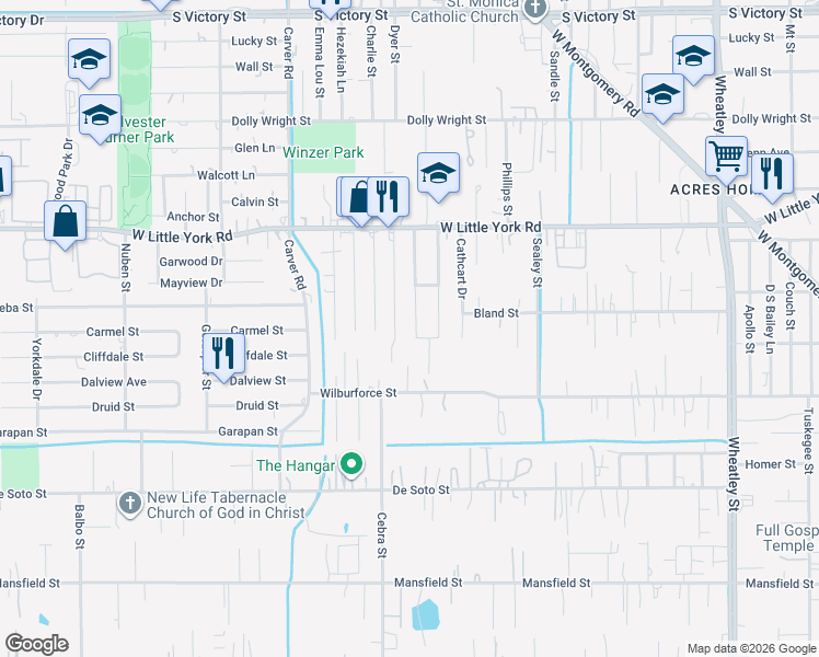 map of restaurants, bars, coffee shops, grocery stores, and more near 6626 Mcwilliams Drive in Houston