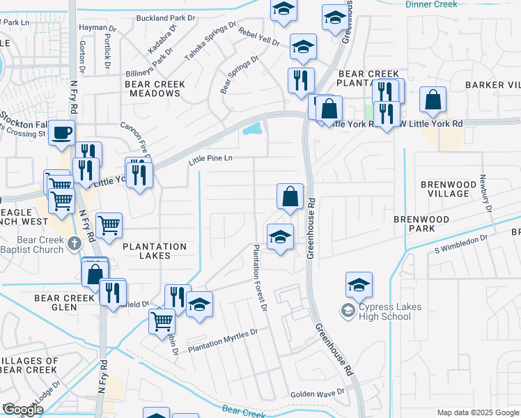 map of restaurants, bars, coffee shops, grocery stores, and more near 19418 Dry Canyon Court in Katy