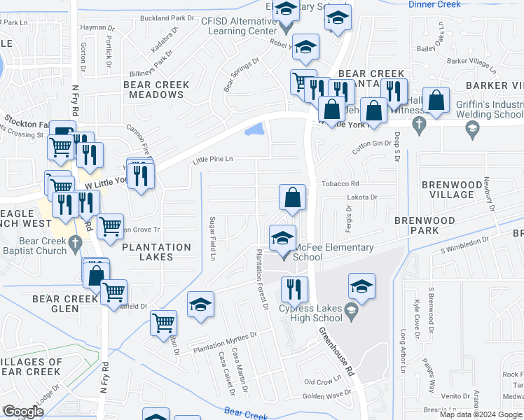 map of restaurants, bars, coffee shops, grocery stores, and more near 19420 Dry Canyon Court in Katy