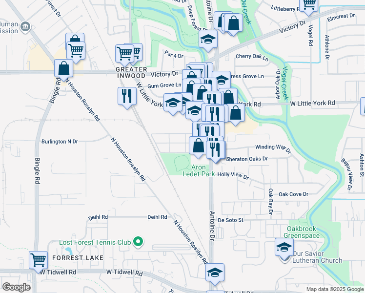 map of restaurants, bars, coffee shops, grocery stores, and more near 6417 Antoine Drive in Houston