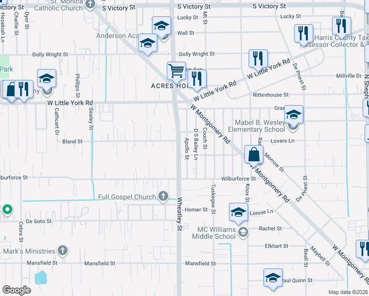 map of restaurants, bars, coffee shops, grocery stores, and more near 6629 Apollo Street in Houston