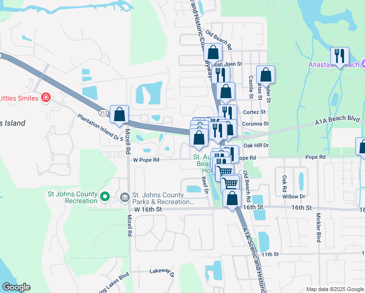 map of restaurants, bars, coffee shops, grocery stores, and more near 57-66 Plantation Island Drive South in St. Augustine
