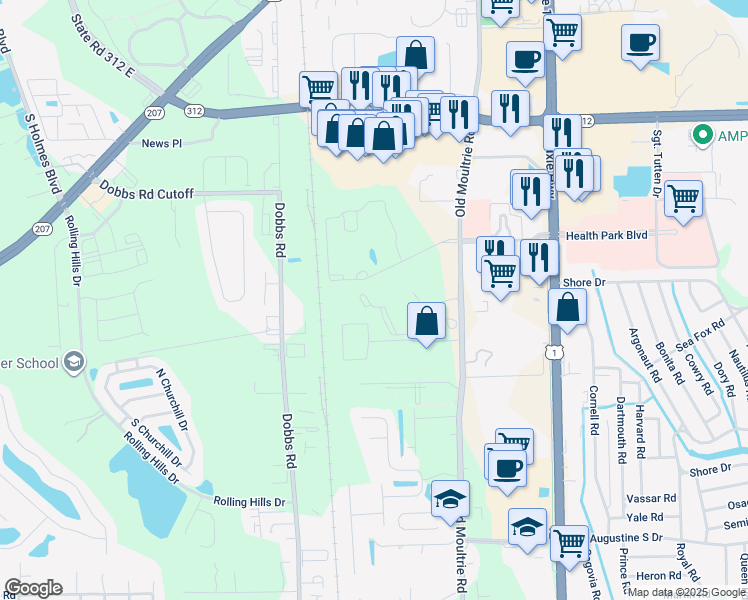 map of restaurants, bars, coffee shops, grocery stores, and more near 425 South Villa San Marco Drive in St. Augustine