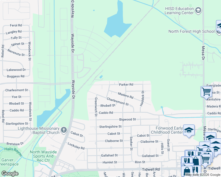 map of restaurants, bars, coffee shops, grocery stores, and more near 8210A Parker Road in Houston