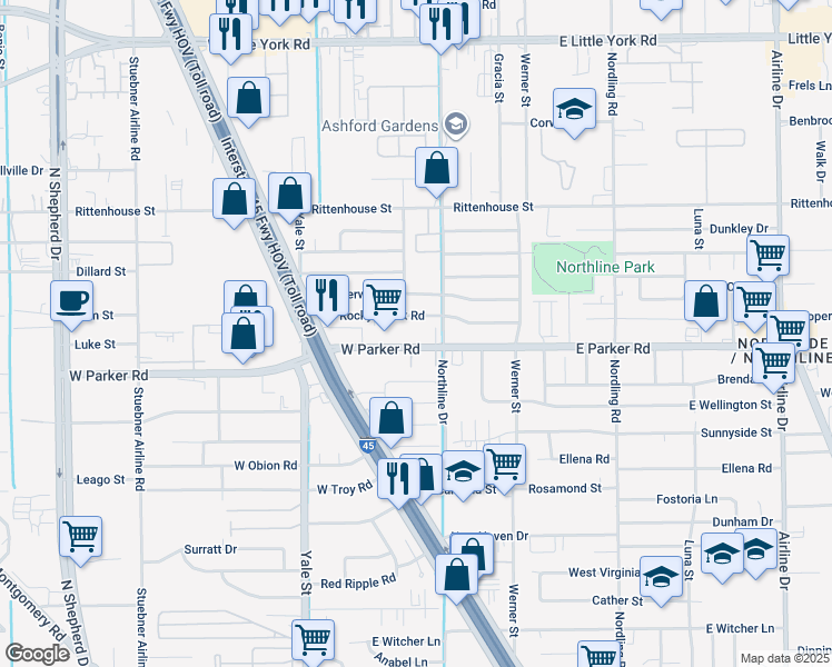 map of restaurants, bars, coffee shops, grocery stores, and more near 113 West Rocky Creek Road in Houston